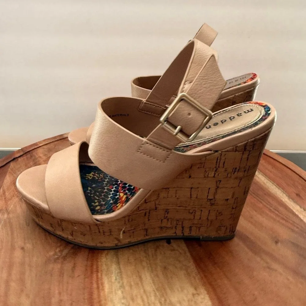 Madden Girl Elementt Tan Cork Platform Wedge Sandals Womens 7M Nude Boho Summer